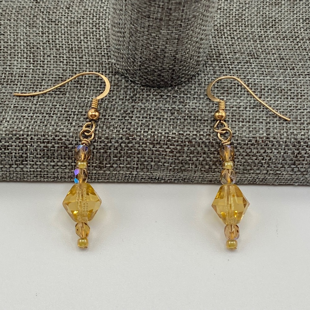 Vintage Dangle Earrings Gold Tone Glass Bead Boho Amber Yellow 1.75 Inch